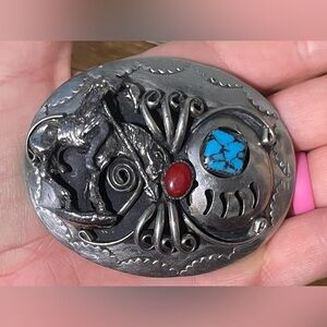 Genuine Silver Belt Buckle Turquoise and Red Coral “Wounded Warrior on Horse”